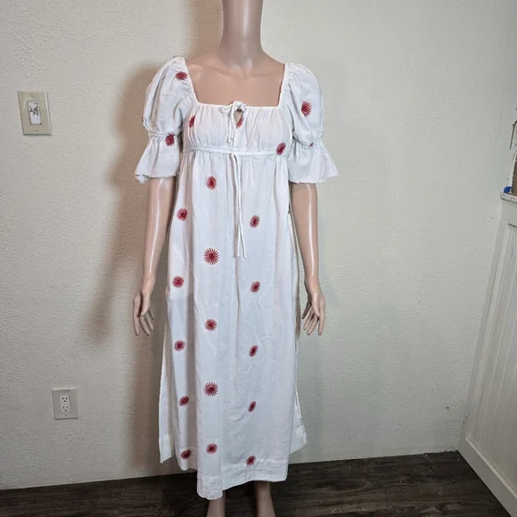 Free People Midi Dress Ivory Red Emory Embroider Cotton Preppy Boho Small - Picture 4 of 16
